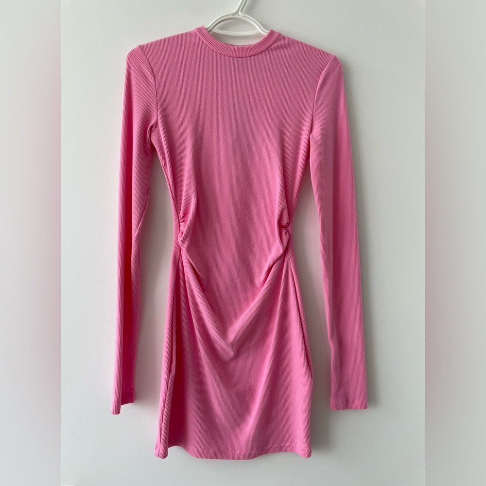 Pink Ribbed Long Sleeve Bodycon Dress - size XS